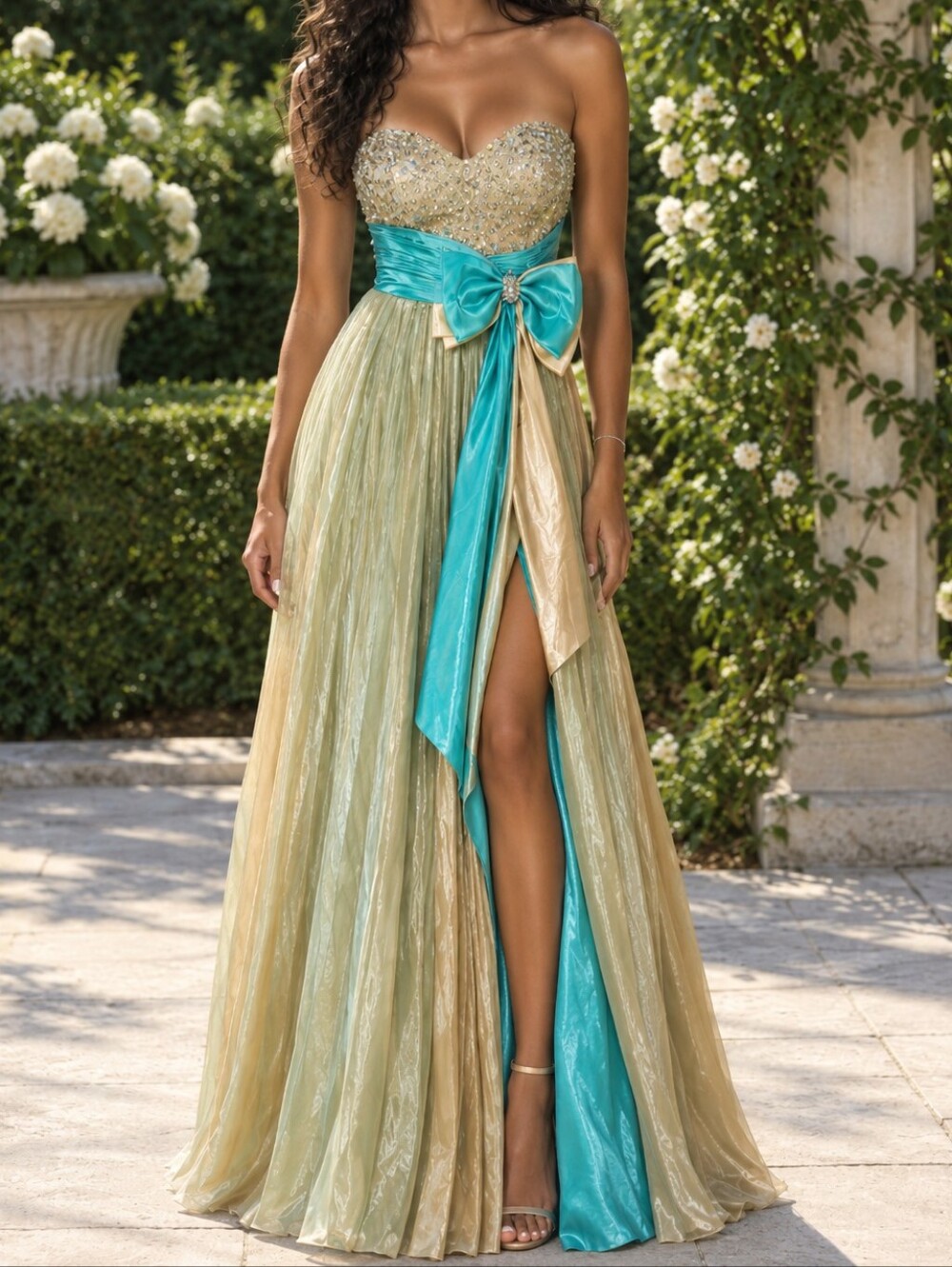 PTF Sequined Sweetheart Pleated Maxi Prom Gown